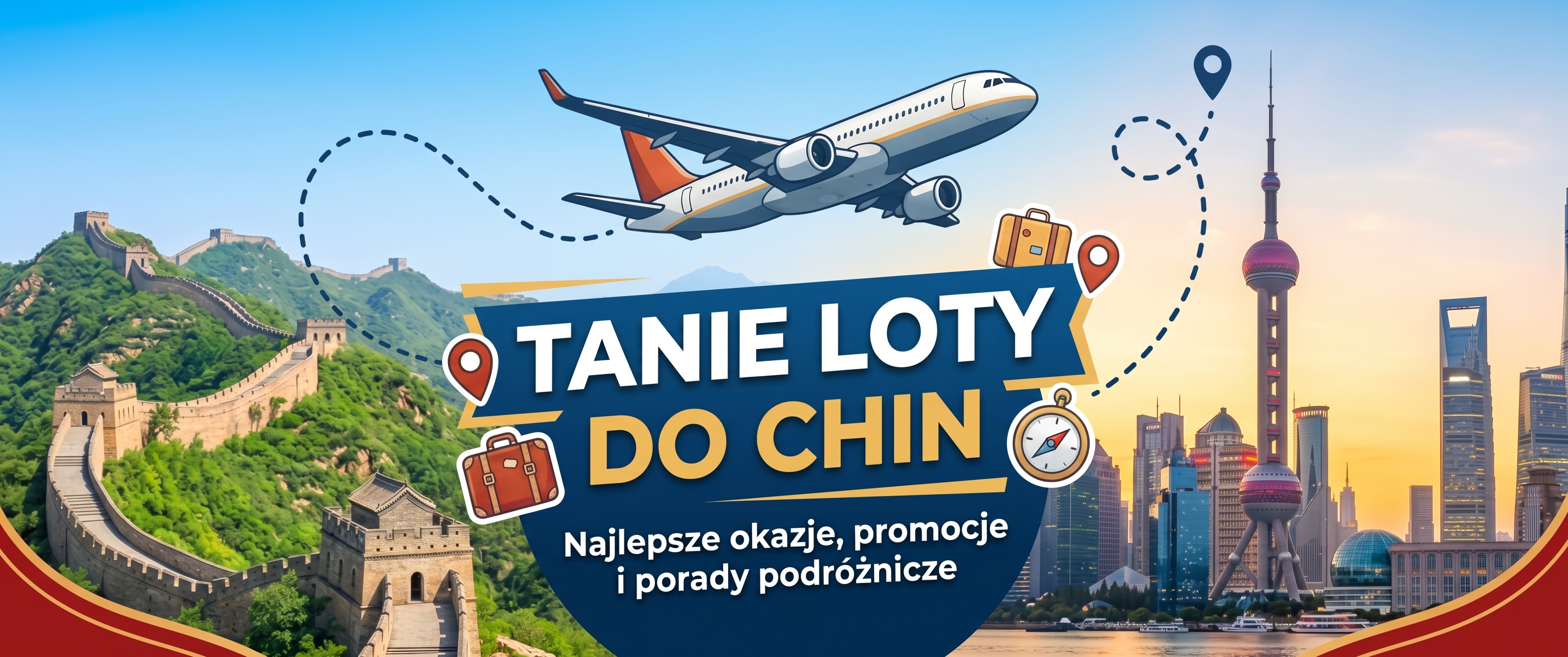 Tanie loty do Chin — samolot nad Wielkim Murem Chińskim i panoramą Szanghaju
